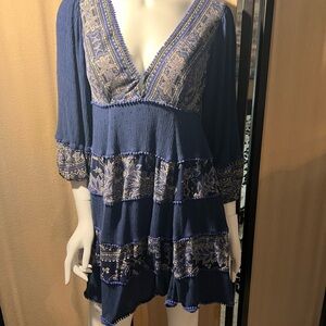 Free People Blue Tiered Dress Blue and Tan Layers